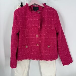 Tahari Tweed, Pink Jacket with gold button detail L